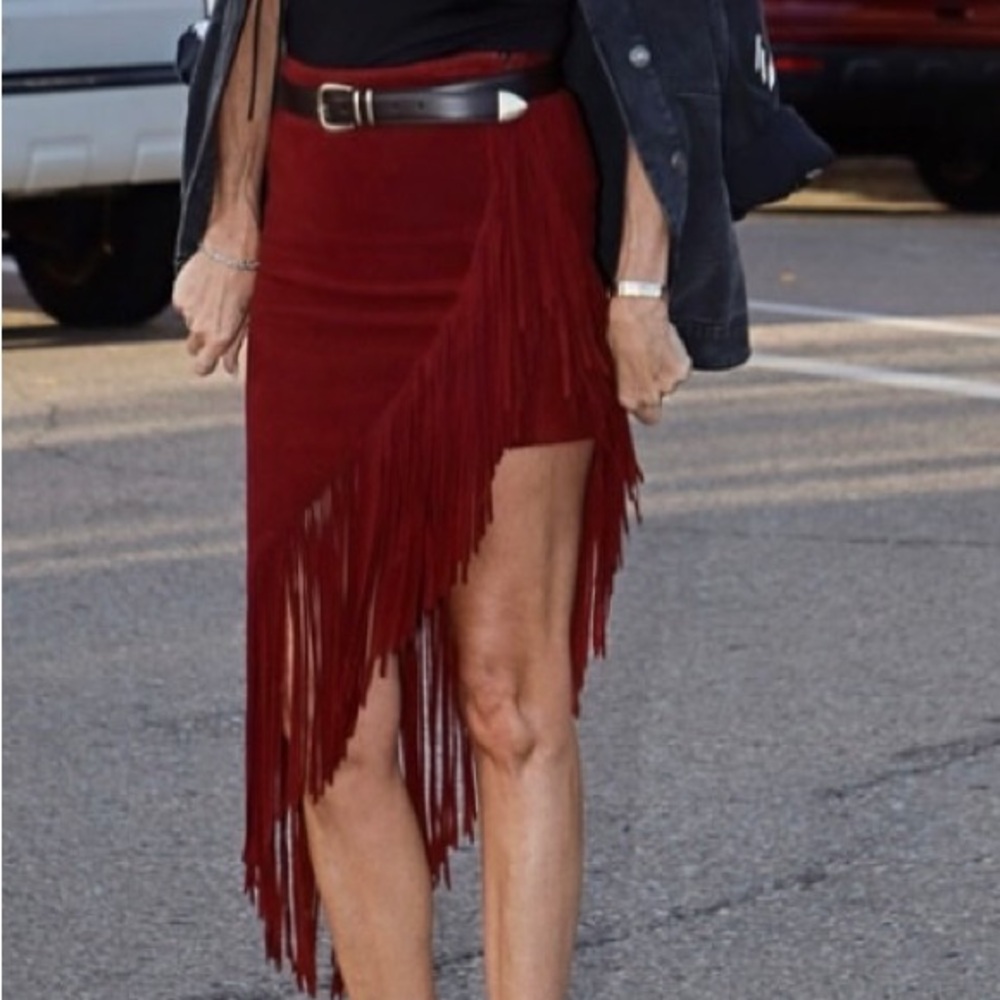 Intermix Deep Red Leather Fringe Skirt